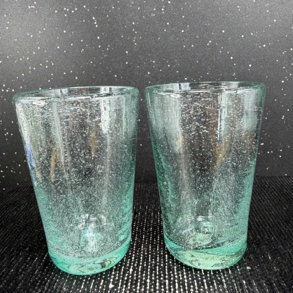 Pier 1 Seeded Bubble Glass Tumblers Aqua Light Green‎ Set of 2 Shot Glasses